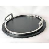 Silver and Black Faux Leather Round Tray with side chrome handles and threaded trim, 16.5 inch diameter - N/A