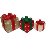 3 Lighted Red Cream Gift Boxes Christmas Outdoor Decorations 10" - Gold