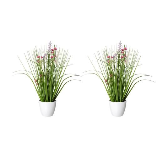 Kunstpflanze Blüten-Gras-Mix Im Topf, 41 Cm, 2Er Set, Rosa