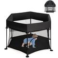 GYMAX Baby Playpen, Portable Play Yard Playpen with Breathable Mesh, Anti-Slip Foot Pads and Removable Canopy, Indoor & Outdoor Play Center Fence for Home, Traveling, Beach (Black)