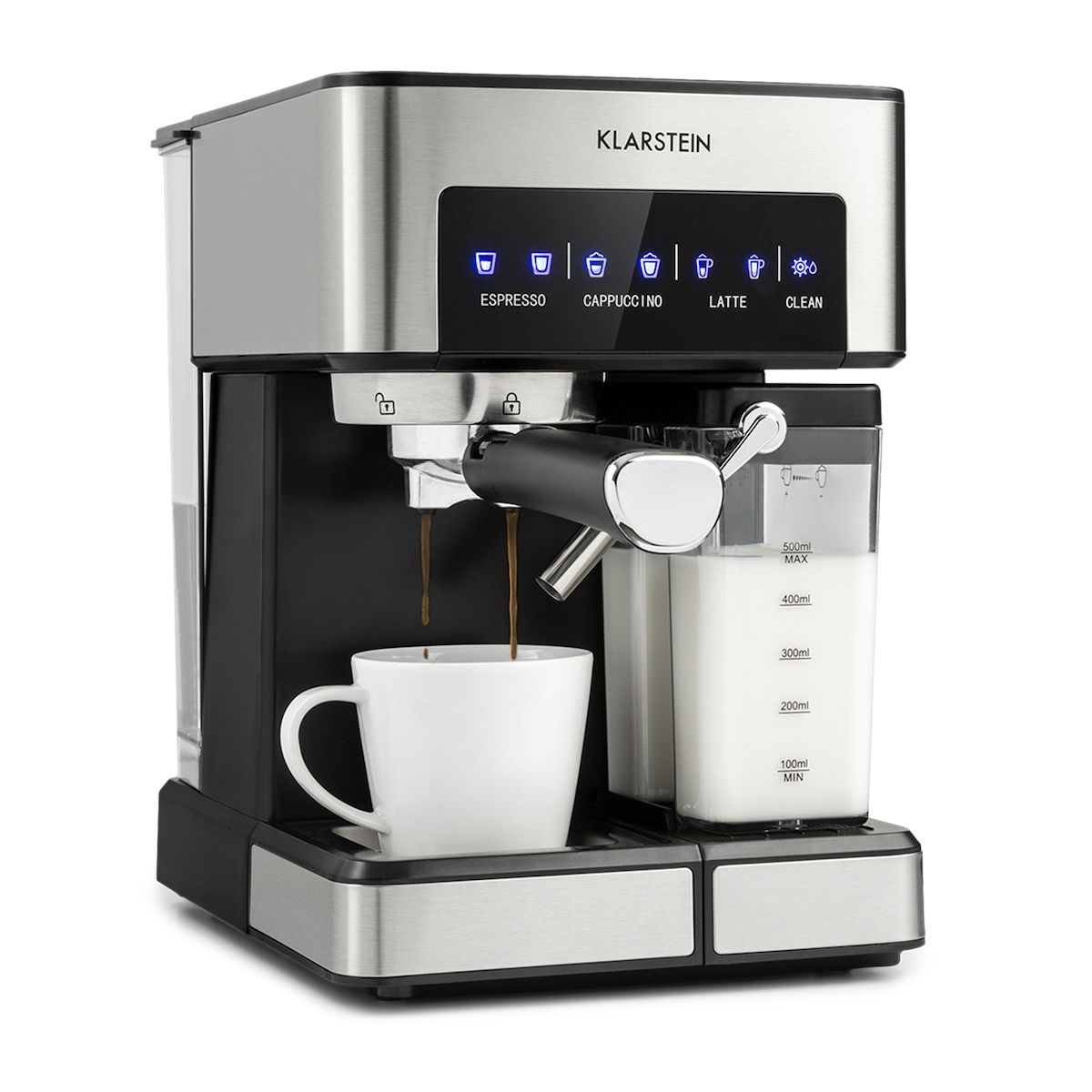 Klarstein Arabica Comfort Siebträgermaschine 1350W 20 Bar 1,8l Touch-Bedienfeld Silber-Metallic Image