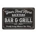 Trinx Personalized Backyard Bar & Grill Metal Sign Metal in White/Black | 8 H x 12 W x 0.032 D in | Wayfair D81ED90B116544CAB735463ABD07260A