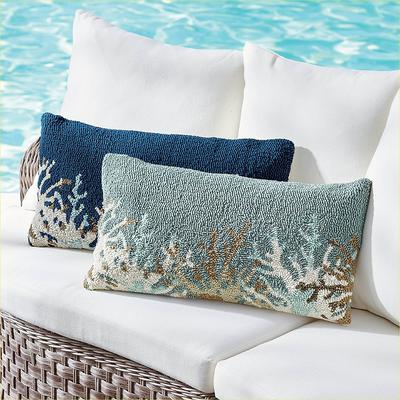 Marina Coral Hooked Lumbar Pillow - Aqua - Grandin Road
