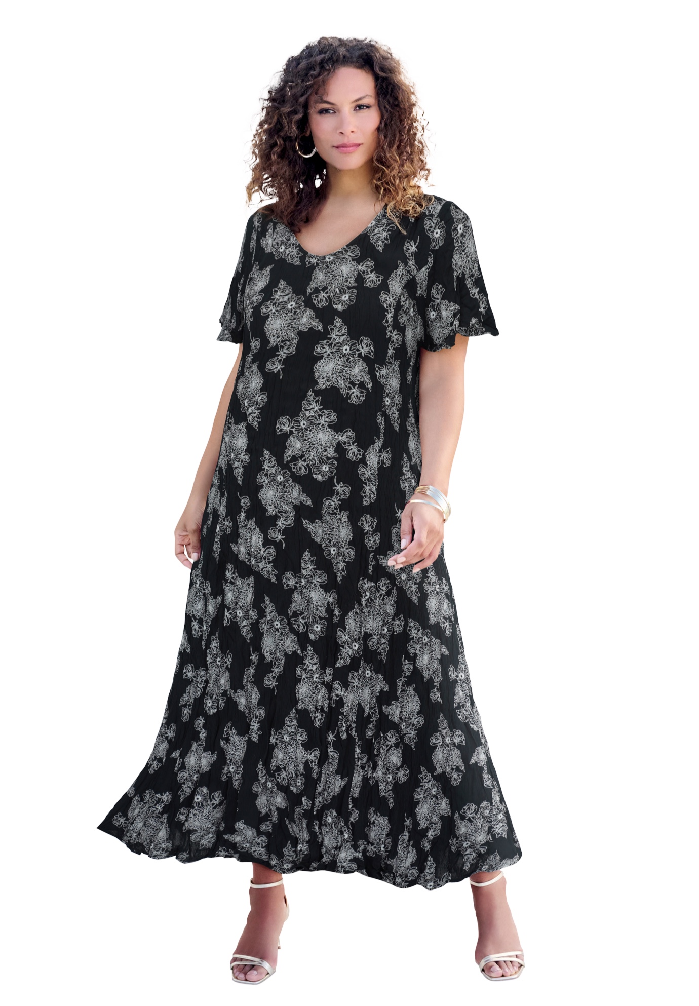 Plus Size Women's Plus Size Hand Crinkled Flutter-Sleeve Maxi Dress by Roaman's in Sketched Bouquet (Size 14/16)