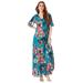 Plus Size Women's Flutter-Sleeve Crinkle Dress by Roaman's in Teal Watercolor Bouquet (Size 14/16)