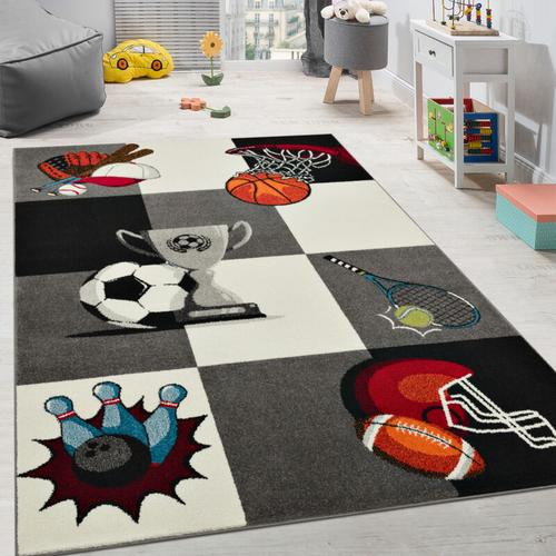 Paco Home - Kinderteppich Pokal Basketball Fussball Kinder Teppich Tennis Karo Grau Creme 120x170 cm