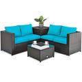 Costway 4 Pieces Outdoor Patio Rattan Furniture Set with Cushioned Loveseat and Storage Box-Turquoise