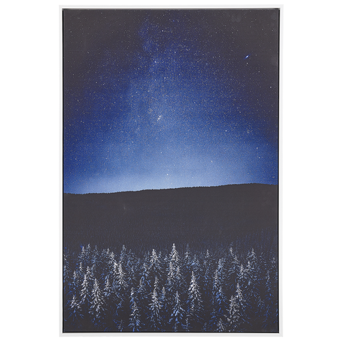 Leinwandbild Blau Schwarz Stoff Canvas MDF-Platte 63x93 rechteckig mit Schattenfugenrahmen Nachtlandschaft Wald Sterne Wohnzimmer Schlafzimmer