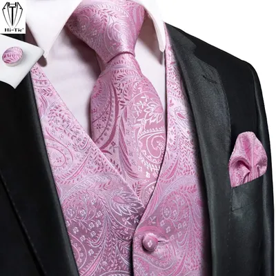 Hi-Tie – gilet de costume en soie pour homme ensemble de 4 pièces rose Paisley tissé avec
