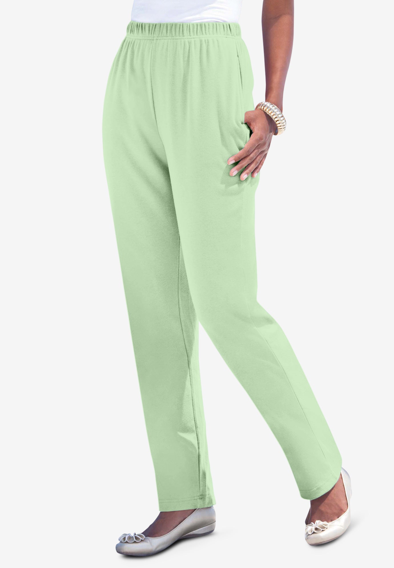 Plus Size Women's Plus Size Straight Leg Soft Knit Pull On Pant by Roaman's in Green Mint (Size S) Pull On Elastic Waist