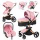 3 in 1 Baby Travel System Pushchair Baby Stroller Portable Travel Baby Carriage Folding Baby Prams Aluminium Frame High Landscape Car for Newborn Babyboomer Poussette (Pink)