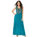 Plus Size Women's Embroidered Sleeveless Crinkle Dress by Roaman's in Deep Turquoise Floral Embroidery (Size 42/44)