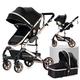 3 in 1 Baby Travel System Pushchair Baby Stroller Portable Travel Baby Carriage Folding Baby Prams Aluminium Frame High Landscape Car for Newborn Babyboomer Poussette (Black Gold)