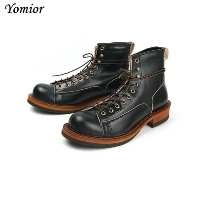 Yomior-Bottes de rinçage en cuir de vache faites à la main pour hommes chaussures vintage