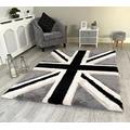 NEW BLACK GREY CREAM UNION JACK FLAG DESIGN LUXURIOUS THICK PILE RUG MODERN SOFT SILKY CONTEMPORARY SHAGGY RUGS MATS UK (150x210cm)