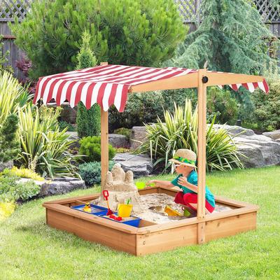 Outsunny Kids Sandbox with Cover and Adjustable Canopy, Children's Wooden Sandbox Backyard Toy - 42.25" x 42.25" x 43.25"