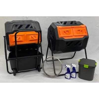 2 - Genesis 42 Gallon Composters with 1 Cart, 1 Sifter, 1 Kitchen Composter and 3 Bokashi Sprays