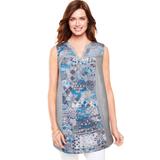 Plus Size Women's Sleeveless Notch-Neck Tunic by Woman Within in Heather Grey Stencil Bandana (Size 14/16)