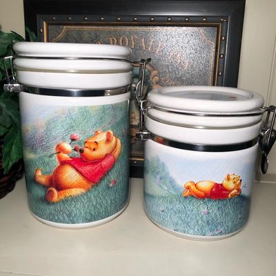 Disney Kitchen | Disney Simply Pooh Canister Crock Cookie Jar Latch Lid Set Of 2 Winnie The Pooh | Color: Green/White | Size: 8” & 6”