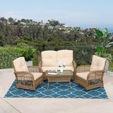 Red Barrel Studio® 4 Piece Rattan Sofa Seating Group w/ Cushions Synthetic Wicker/All - Weather Wicker/Wicker/Rattan in Brown | Outdoor Furniture | Wayfair