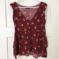 American Eagle Outfitters Tops | American Eagle Top, Burgundy W/ White Floral Cap Sleeve, V-Neck Top, Size Small | Color: Red/White | Size: S