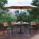 Faux Teak Patio Table, 4 Chairs & 9FT Patio Umbrella with Base