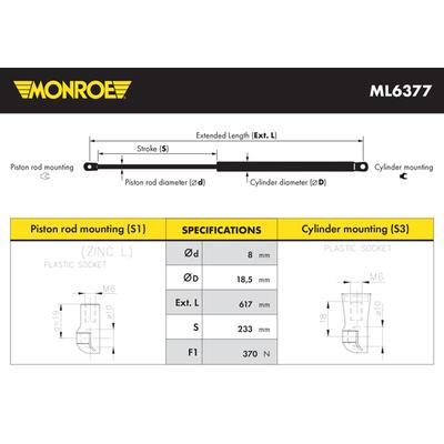 MONROE Gasfeder, Koffer-/Laderaum 370N für VAUXHALL OPEL CHEVROLET 132112 95095591 95095592 ML6377 Image