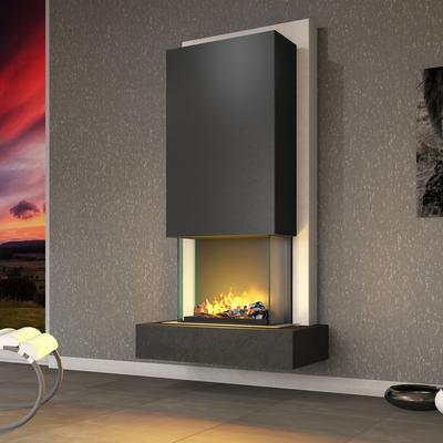 muenkel design Arco [Elektrokamin Opti-myst]: Nero (Schiefer schwarz) - Haube schwarz-grau - Mit Heizung