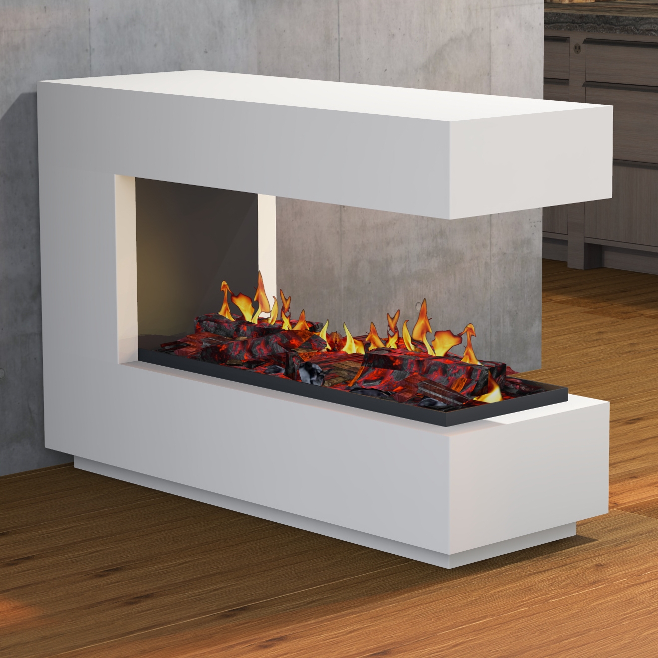 muenkel design loft.line 1400 -- C-02 Raumteiler [Design Opti-myst Elektrokamin mit Tankbefüllung]: Betonoptik - Mit Heizung - Kieswanne mit schwarzen Steinen - mit Scheibe