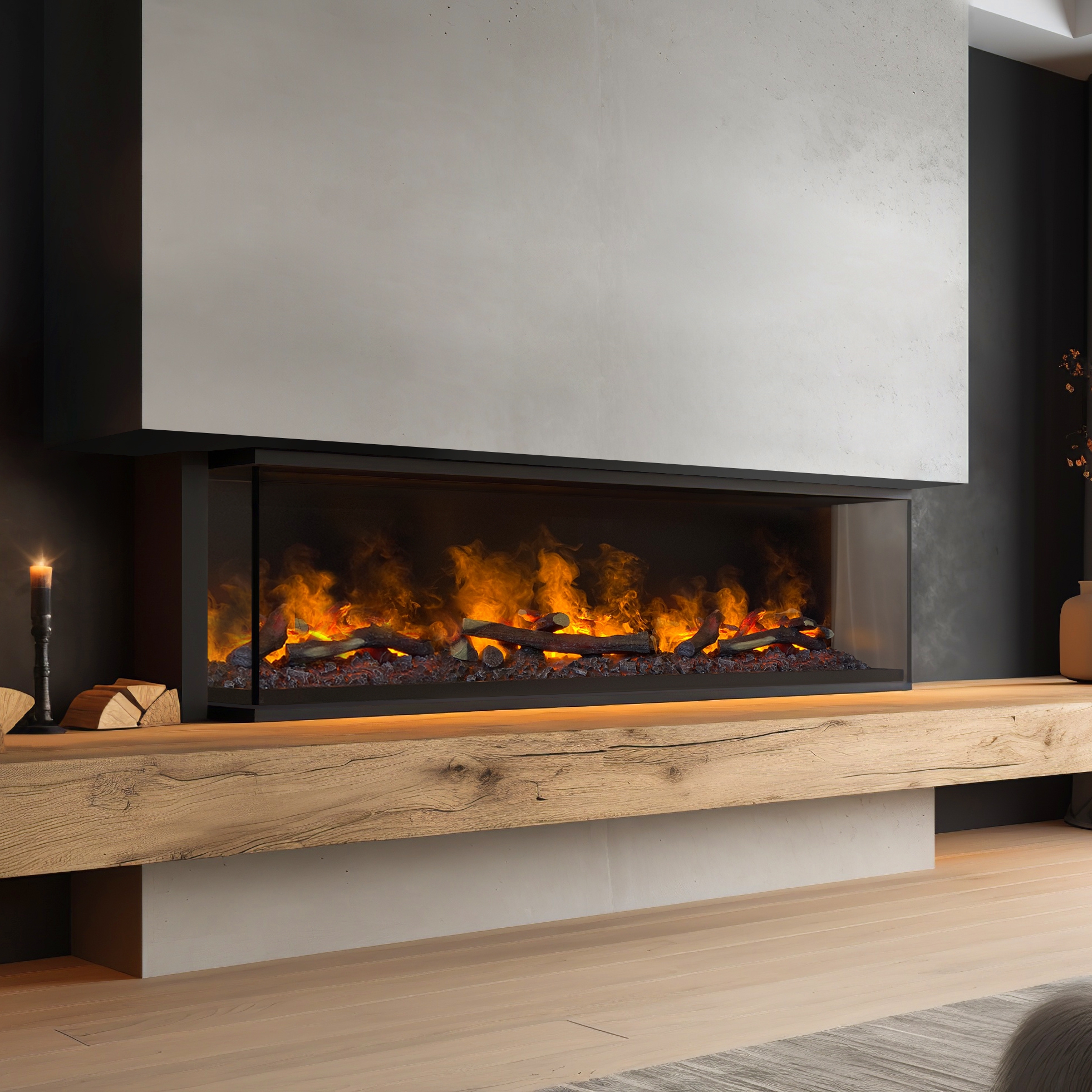 muenkel design wall fire electronic PRO FLR 1160 [Opti-myst Elektrokamineinsatz Wandeinbau]: Glasscheibe links + rechts - mit Dekoholz - Mit Heizung - Tank Image