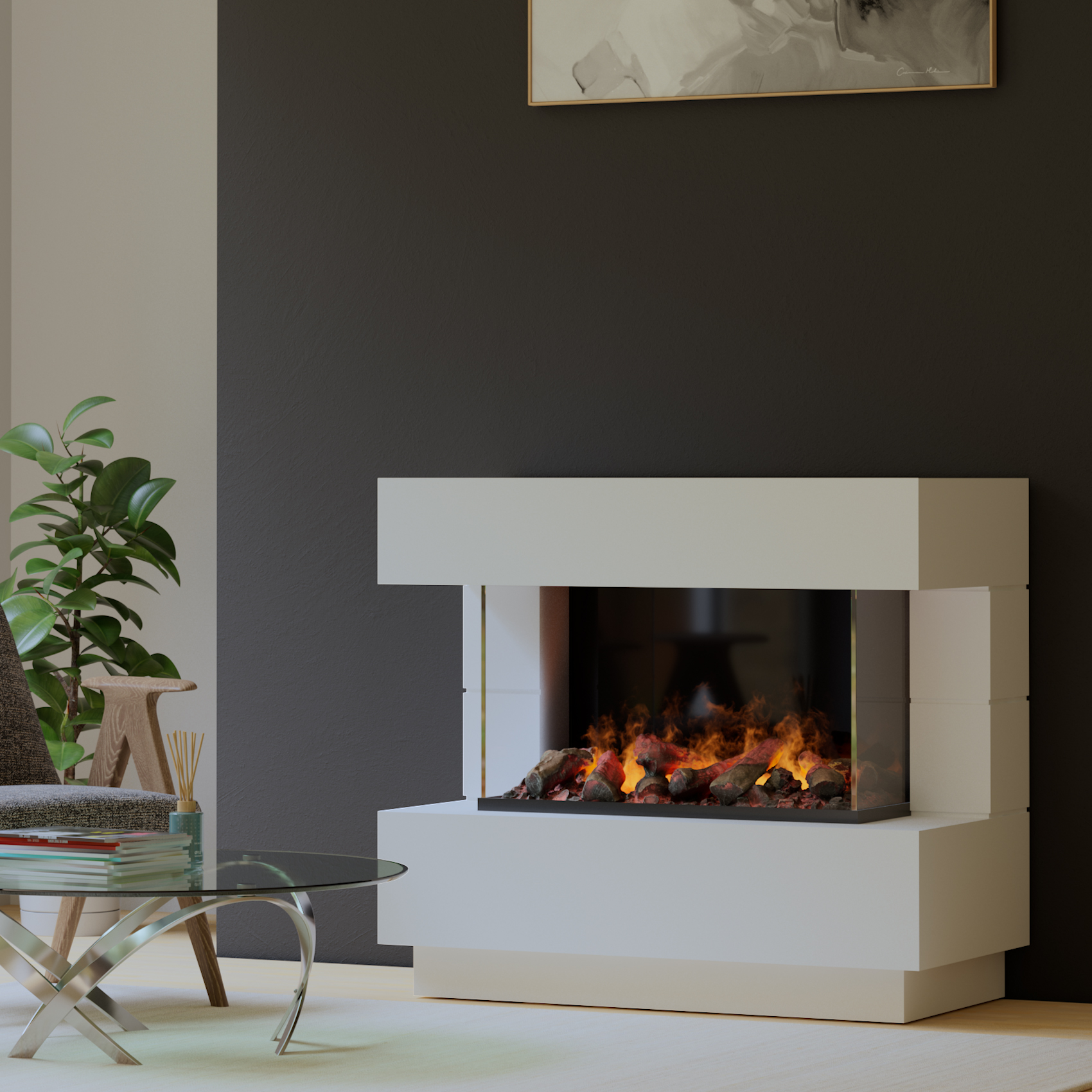 muenkel design London 1100 Opti-glo [Elektrokamin Opti-myst]: Wunschfarbe nach RAL - Ohne Heizung - Wasserleitung - Kieswanne mit weißen Steinen