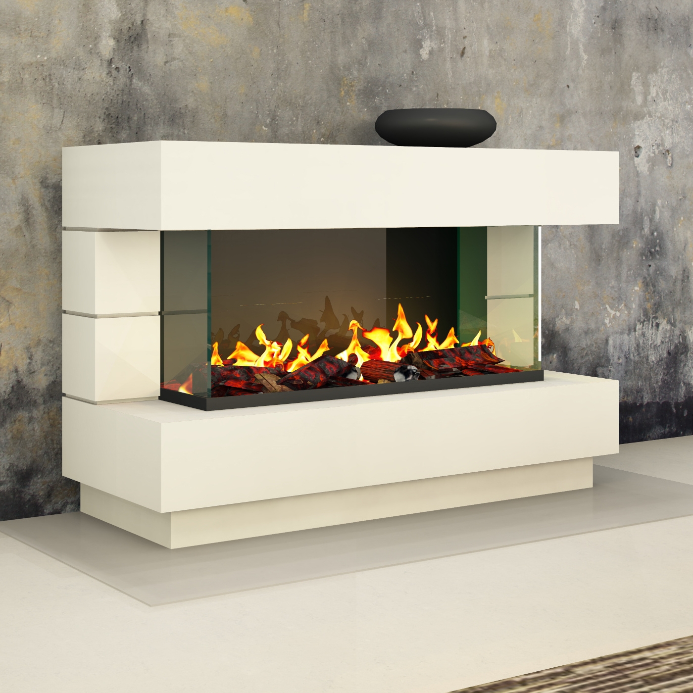 muenkel design London 1400 Opti-glo [Elektrokamin Opti-myst]: weiß (warm) - Ohne Heizung - Dekoholz mit Stehrost (gerade) - Wasserleitung