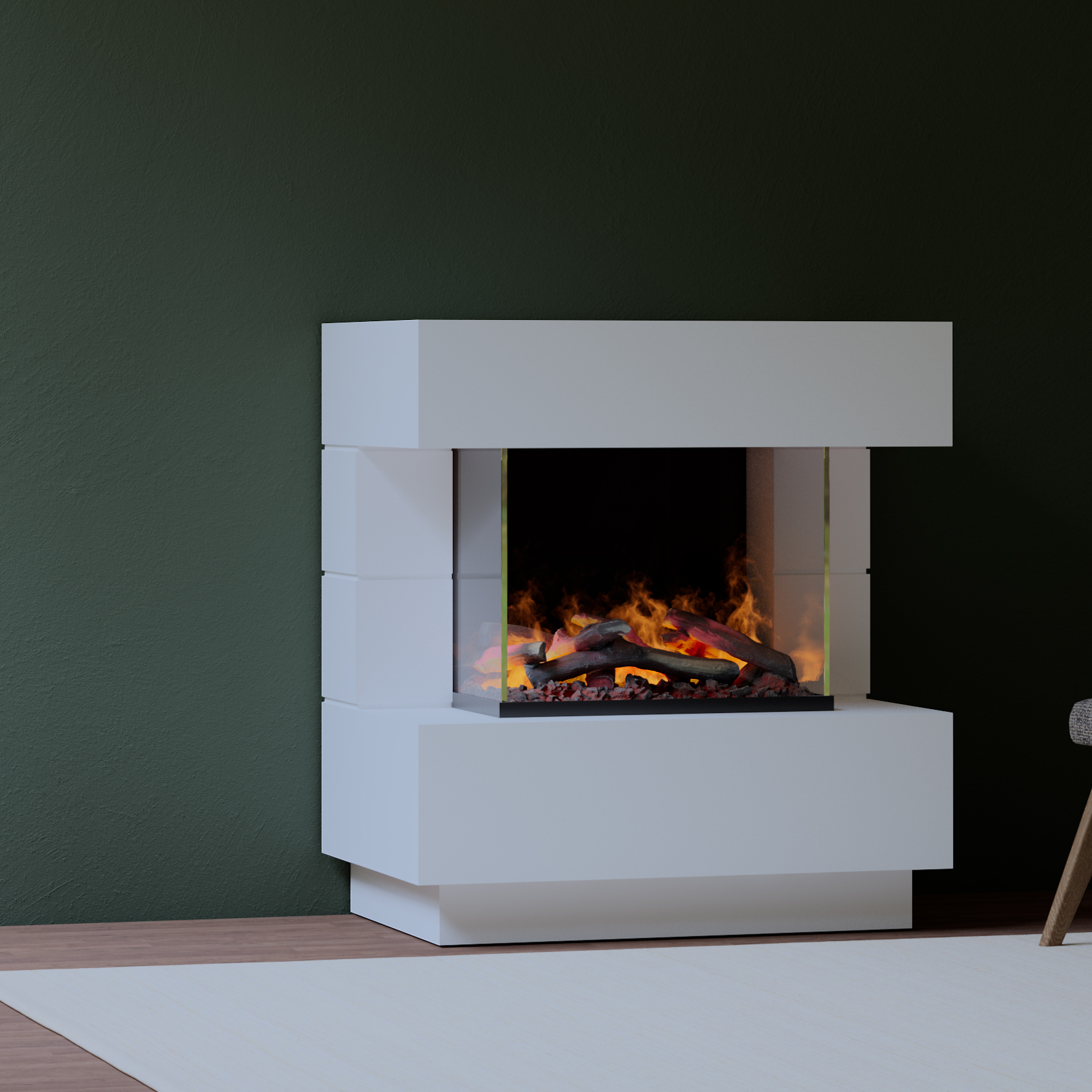 muenkel design London 900 Opti-glo [Elektrokamin Opti-myst]: Wunschfarbe nach RAL - Mit Heizung - Tank - Dekoholz mit Stehrost (gerade)