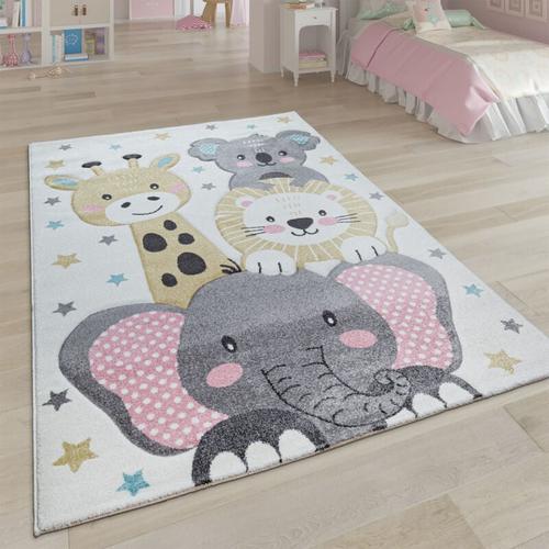 Kinderteppich Teppich Kinderzimmer Kurzflor Mädchen Jungs Sterne Tier Creme Grau 120 cm Rund - Paco