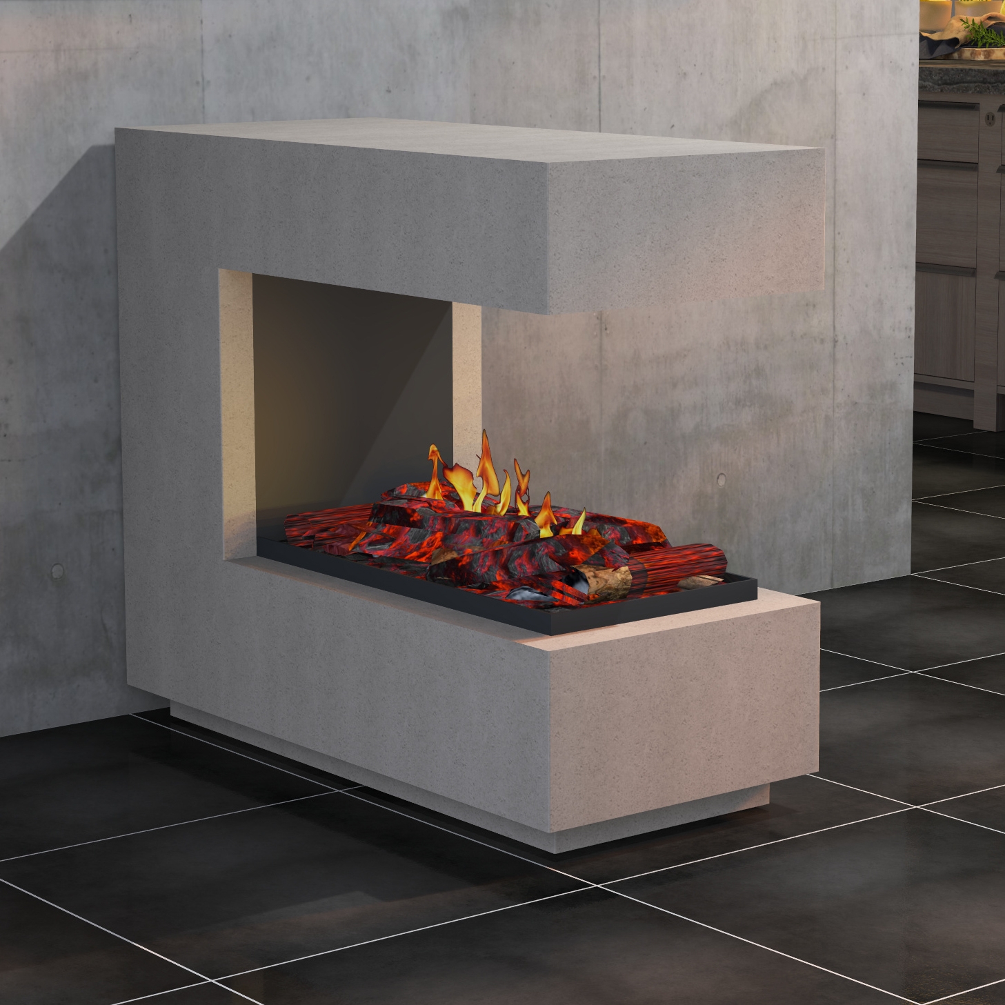 muenkel design loft.line 1100 -- C-02 Raumteiler [Design Opti-myst Elektrokamin mit Tankbefüllung]: Betonoptik - Ohne Heizung - Dekoholz mit Stehrost (gerade) - ohne Scheibe Image