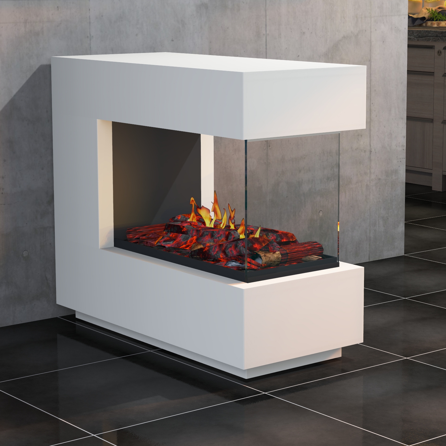 muenkel design loft.line 1100 -- C-02 Raumteiler [Design Opti-myst Elektrokamin mit Tankbefüllung]: Weiß (warm) - Mit Heizung - Kieswanne mit weißen Steinen - ohne Scheibe