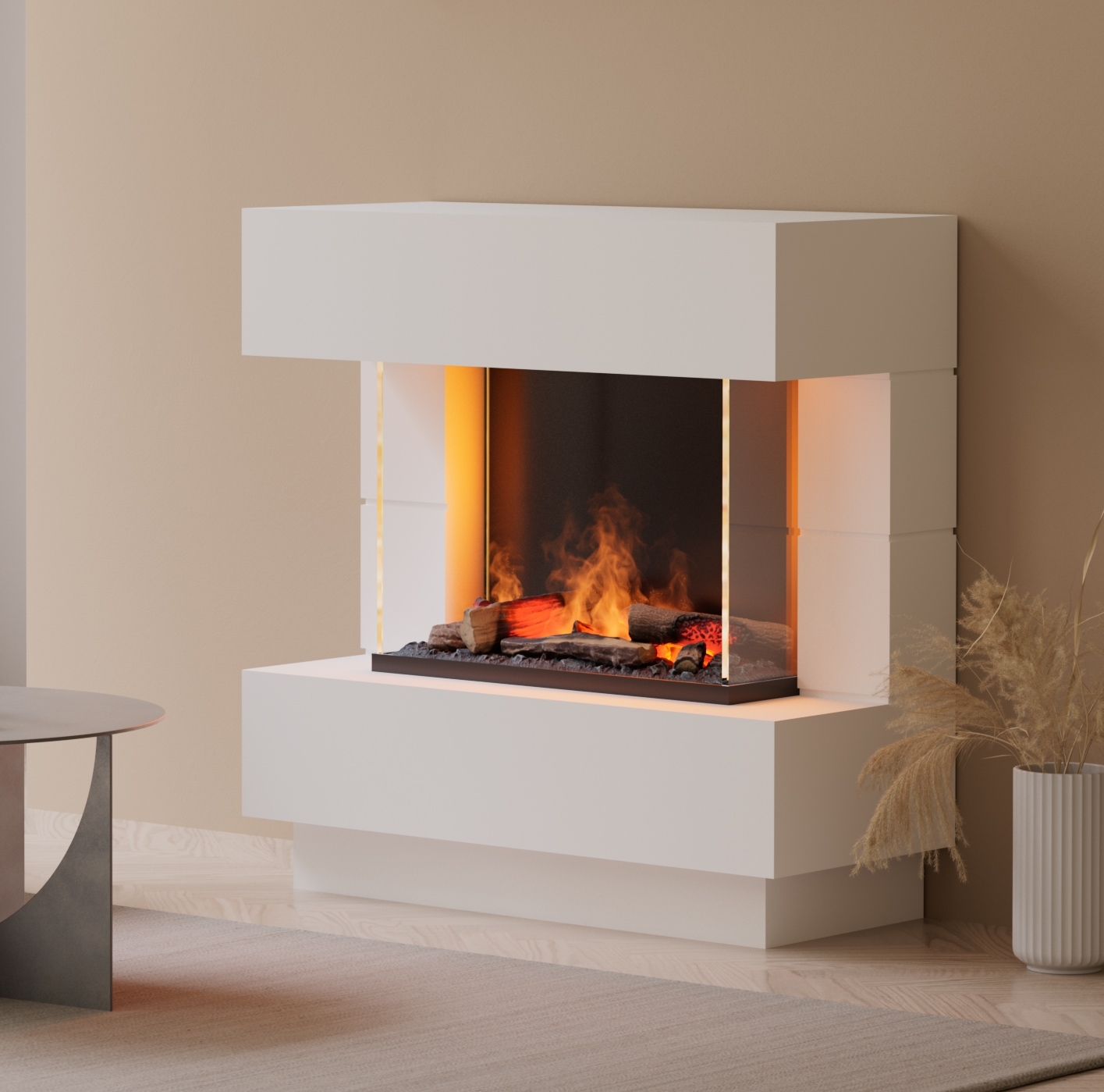 muenkel design London 900 [Elektrokamin Opti-myst]: Wunschfarbe nach RAL - Mit Heizung - Kieswanne mit schwarzen Steinen