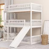 Twin-Over-Twin-Over-Twin Triple Bed with Built-in Ladder and Slide, Triple Bunk Bed with Guardrails