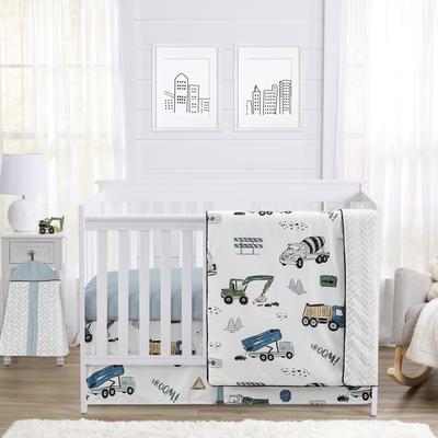 Construction Truck Collection Boy 4pc Nursery Crib Bedding Set - Grey Yellow Black Blue and Green Transportation Chevron Arrow