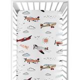 Vintage Airplane Boy Fitted Crib Sheet - Grey Yellow Orange Red White and Blue Airplanes Air Plane Transportation Clouds Sun Sky