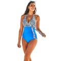 Plus Size Women's Faux Wrap Halter One Piece Swimsuit by Swimsuits For All in Blue Animal (Size 20)