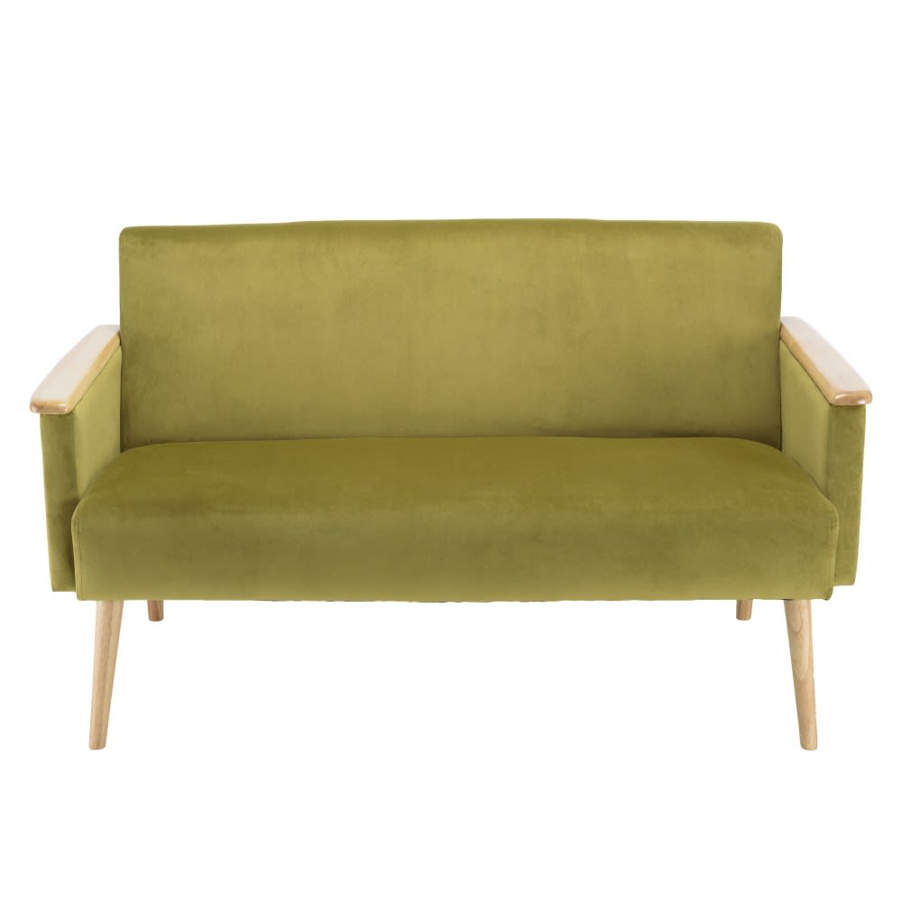Canapé 2 places velours vert clair pieds et accoudoirs bois