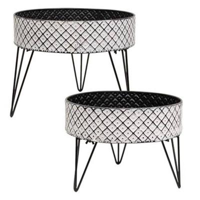 2/Set Short Metal Boho Buckets on Stands - 9" high by 11.5" wide by 11.5" deep (small)