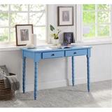 Traditional Look Rectangular Writing Desk with 2 Storage Drawers, Sturdy Wooden Frame with Ornate Carvings, Blue Finish