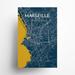 17 Stories Marseille City Map Graphic Art Paper in Blue/Yellow | 17 H x 11 W x 0.05 D in | Wayfair 0677604847894C058AB50F6A1E3E9784