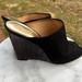 Coach Shoes | Coach Suede Leather Size 9b 4.5 Inch Wedged Peep Toe Heels! Excellent Vintage! | Color: Black/Gold | Size: 9b