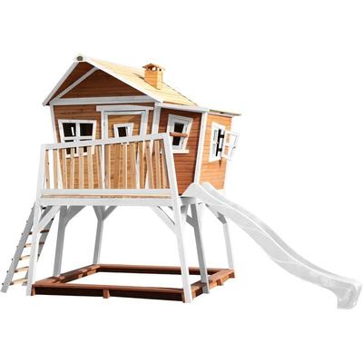 Spielhaus Max mit Sandkasten & weißer Rutsche Stelzenhaus in Braun & Weiß aus fsc Holz für Kinder