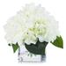 Enova Home Artificial Silk Hydrangea Fake Flowers Arrangement in Cube Glass Vase with Faux Water for Home Office Decoration