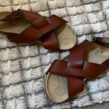 American Eagle Outfitters Shoes | American Eagle Size 9 Criss Cross Leather Sandals Roman Style Cork Footbed | Color: Black/Brown | Size: 9