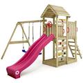 WICKEY Wooden climbing frame MultiFlyer with wooden roof, swing set & purple slide, Outdoor kids playhouse with sandpit, climbing ladder & play-accessories for the garden